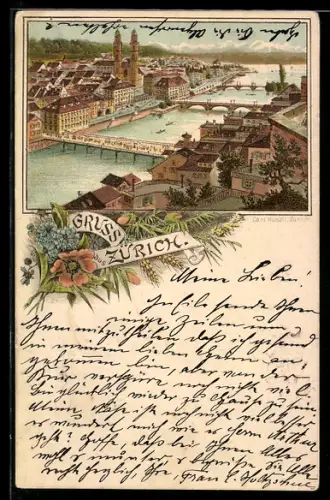 Lithographie Zürich, Stadtansicht mit Limmat, Brücken und Grossmünster