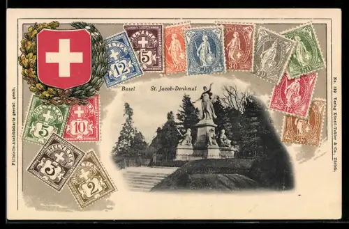 AK Basel, St. Jacob-Denkmal, Briefmarken und Wappen im Passepartout