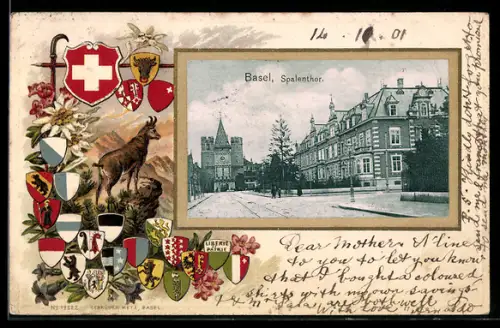 Passepartout-Lithographie Basel, Spalenthor, Wappen im Passepartout