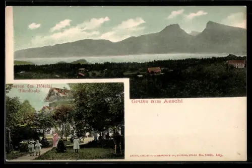 AK Aeschi, Garten des Hotels Blümlisalp, See- und Bergpanorama
