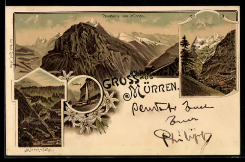 Lithographie Mürren, Panorama, Alpoen und Mürren-Bahn