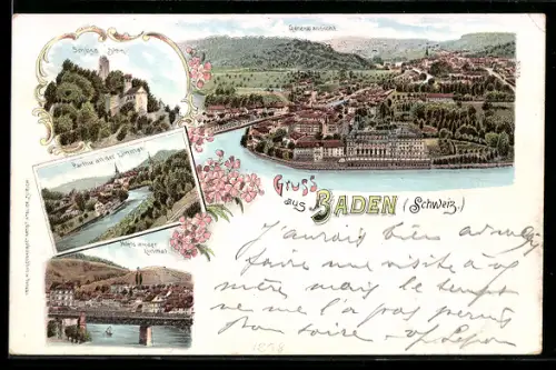 Lithographie Baden /Schweiz, Ortsansicht mit Schloss Stein und Partie an der Limmat