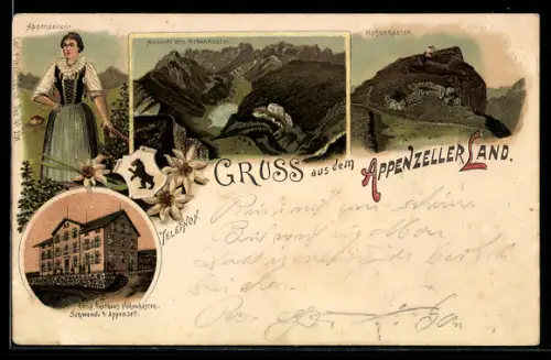Lithographie Appenzell, Appenzellerin in Tracht, Aussicht vom Hohen Kasten, Hohenkasten