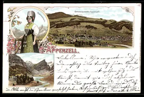 Lithographie Appenzell, Gesamtansicht, Seealpsee und Appenzellerin in Tracht