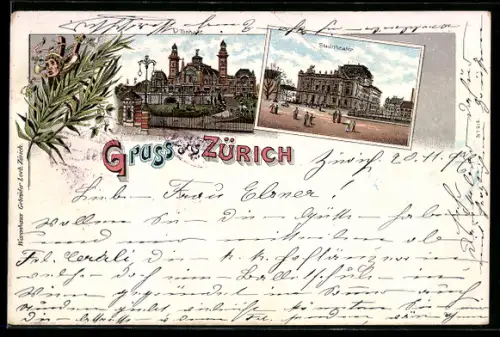 Lithographie Zürich, Bahnhof und Stadttheater