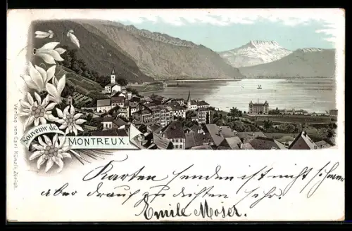 Lithographie Montreux, Vue sur la ville et le lac