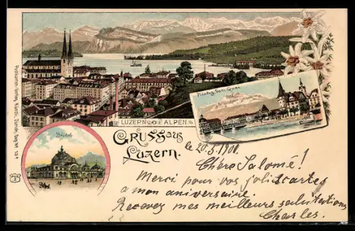 Lithographie Luzern, Ortsansicht und die Alpen, Bahnhof und Teilansicht vom Quai aus