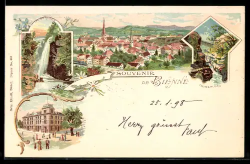 Lithographie Bienne, Vue générale, cascade et hôtel, Taubenloch