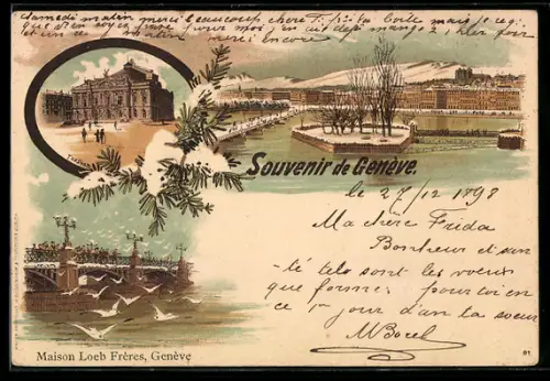 Lithographie Genève, Trois vues: théâtre, quais et pont