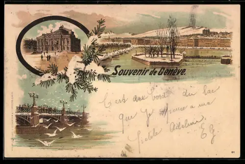 Lithographie Genève, Vue du lac et des quais avec pont et bâtiments