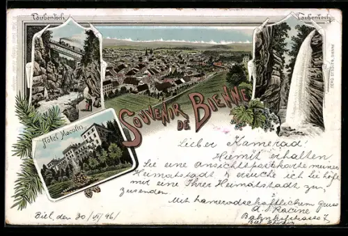 Lithographie Bienne, Vue générale, Taubenloch, Hôtel Macolin