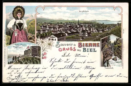 Lithographie Bienne, Vue générale, Hôtel Magglingen, Taubenloch