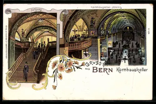 Lithographie Bern, Kornhauskeller, Aufgang und Inneres