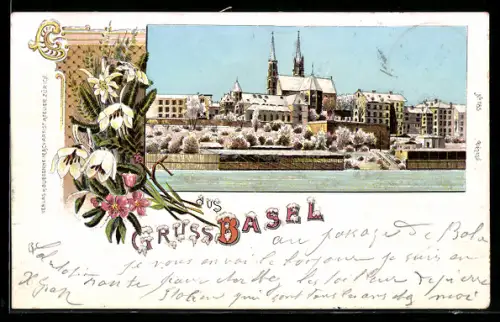 Lithographie Basel, Stadtansicht mit Münster und Rhein