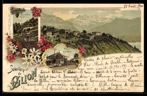 Lithographie Glion, Gare et panorama sur le lac