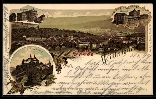 Lithographie Winterthur, Stadtansicht mit Schloss Kyburg und Bahnhof