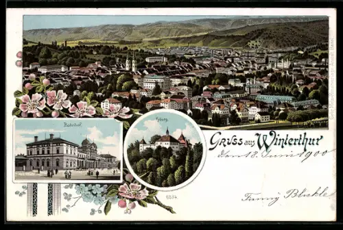 Lithographie Winterthur, Panorama, Bahnhof, Kyburg