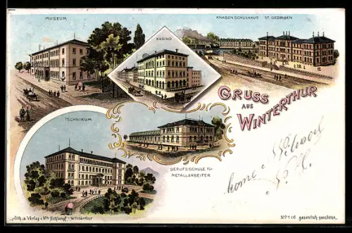 Lithographie Winterthur, Museum, Knabenschulhaus St Georgen, Technikum, Kasino