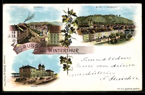 Lithographie Winterthur, Graben, Blick v. Hohwacht, Bahnhof