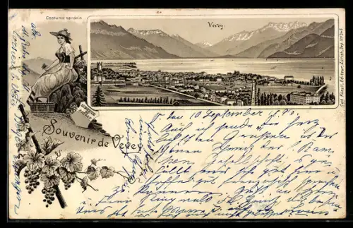 Lithographie Vevey, Panorama du lac et de la ville