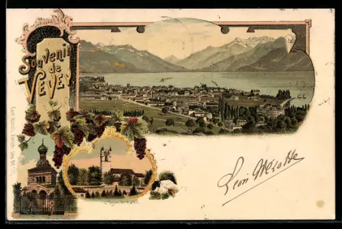 Lithographie Vevey, Vue générale sur le lac et la ville