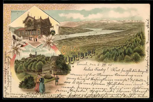 Lithographie Uetliberg, Restaurant Ute Kulm, Staffel, Panorama