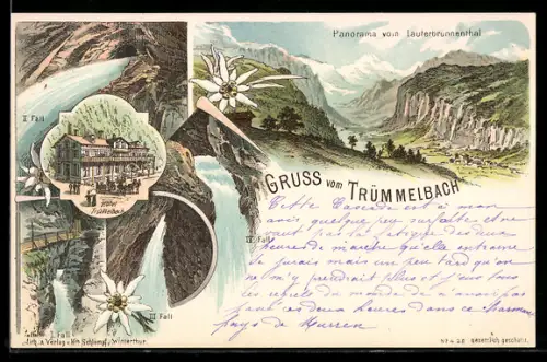 Lithographie Lauterbrunnen, Trümmelbach, Panorama vom Lauterbrunnenthal und Wasserfälle