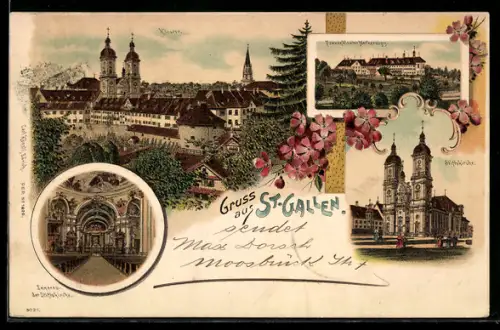 Lithographie St. Gallen, Ortsansicht mit Stiftskirche und Kloster Notkersegg