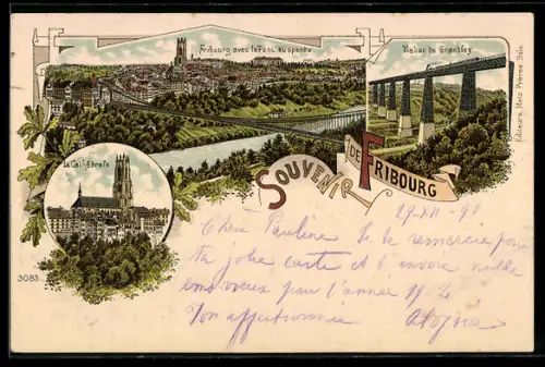 Lithographie Fribourg, Pont suspendu, viaduc de Grandfey, cathédrale