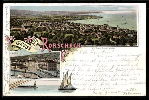 Lithographie Rorschach, Panorama und Bahnhof