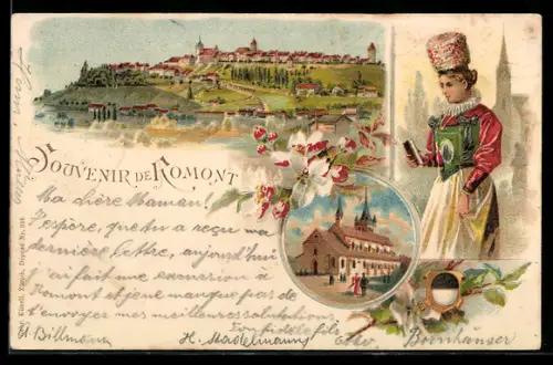 Lithographie Romont, Vue générale et costume populaire