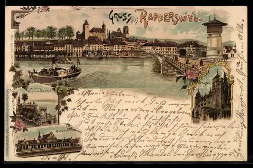 Lithographie Rapperswyl /St. Gallen, Stadtansicht mit Holzbrücke und Schloss