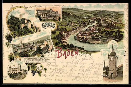 Lithographie Baden /Aargau, Mehrbild mit Stadtansicht, Schloss und Stadttor