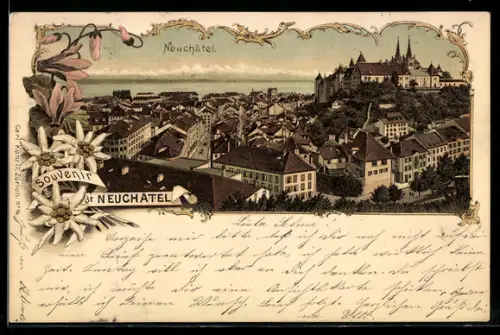 Lithographie Neuchâtel, Vue générale de la ville et du château