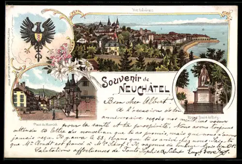Lithographie Neuchâtel, Vue générale, Place du Marché, David de Pury