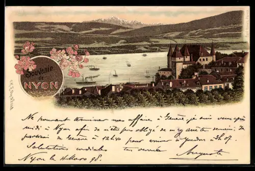 Lithographie Nyon, Schloss am See mit Segelbooten