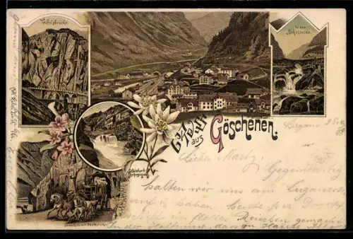Lithographie Göschenen, Ortsansicht und Schluchtpartien, Edelweiss