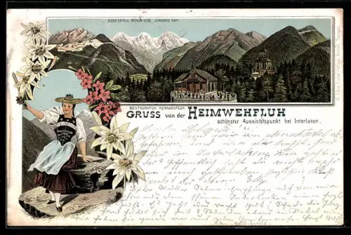 Lithographie Heimwehfluh, Restaurant und Aussichtspunkt bei Interlaken