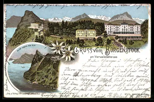 Lithographie Bürgenstock, Hotelbauten und Aussicht am Vierwaldstättersee