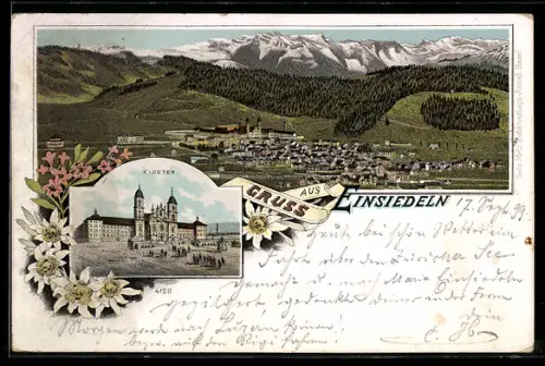 Lithographie Einsiedeln, Ortsansicht und Kloster