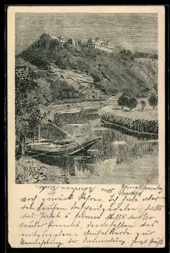 Künstler-AK Vitzenburg, Schloss und Flusslandschaft