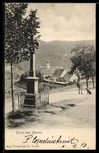 AK Beuron, Klosteransicht mit Wegkreuz und Landschaft
