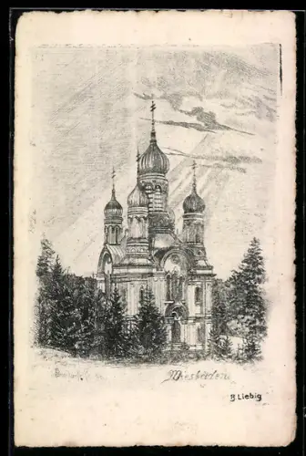 Künstler-AK Wiesbaden, Russische Kirche