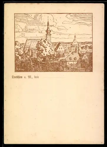 Künstler-AK Trebsen a. M., Kirche und Ortsansicht