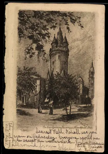 Lithographie Frankfurt a. M., Eschenheimer Turm, Hauptwache