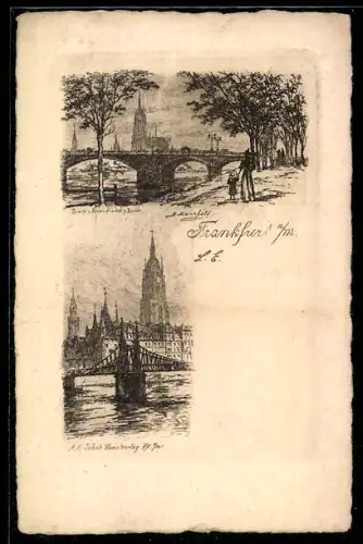 Künstler-AK Frankfurt a. M., Dom, Alte Mainbrücke, Mainufer