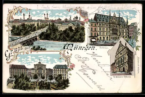 Lithographie München, Königliches Theater am Gärtnerplatz, Rathaus, St. Michaelis-Hofkirche