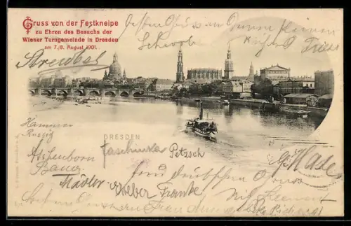 AK Dresden, Festkneipe zu Ehren des Besuchs der Wiener Turngemeinde 1901, Dampfer auf der Elbe