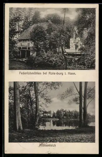 AK Rotenburg i. Hannover, Federlohmühlen, Partie an der Mühle und Sicht auf den Mühlenteich