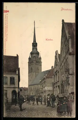 AK Itzehoe, Strassenzug mit Bank-Geschäft von Leopold Lazarus und Blick auf die Kirche